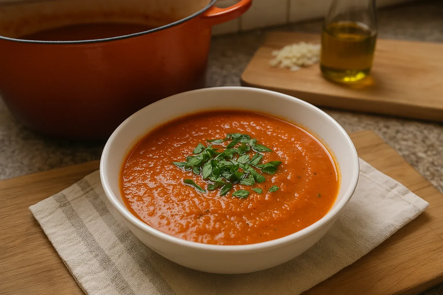 Creamy tomato soup garnished with fresh parsley in a white bowl, placed on a striped cloth napkin next to a pot and cutting board.