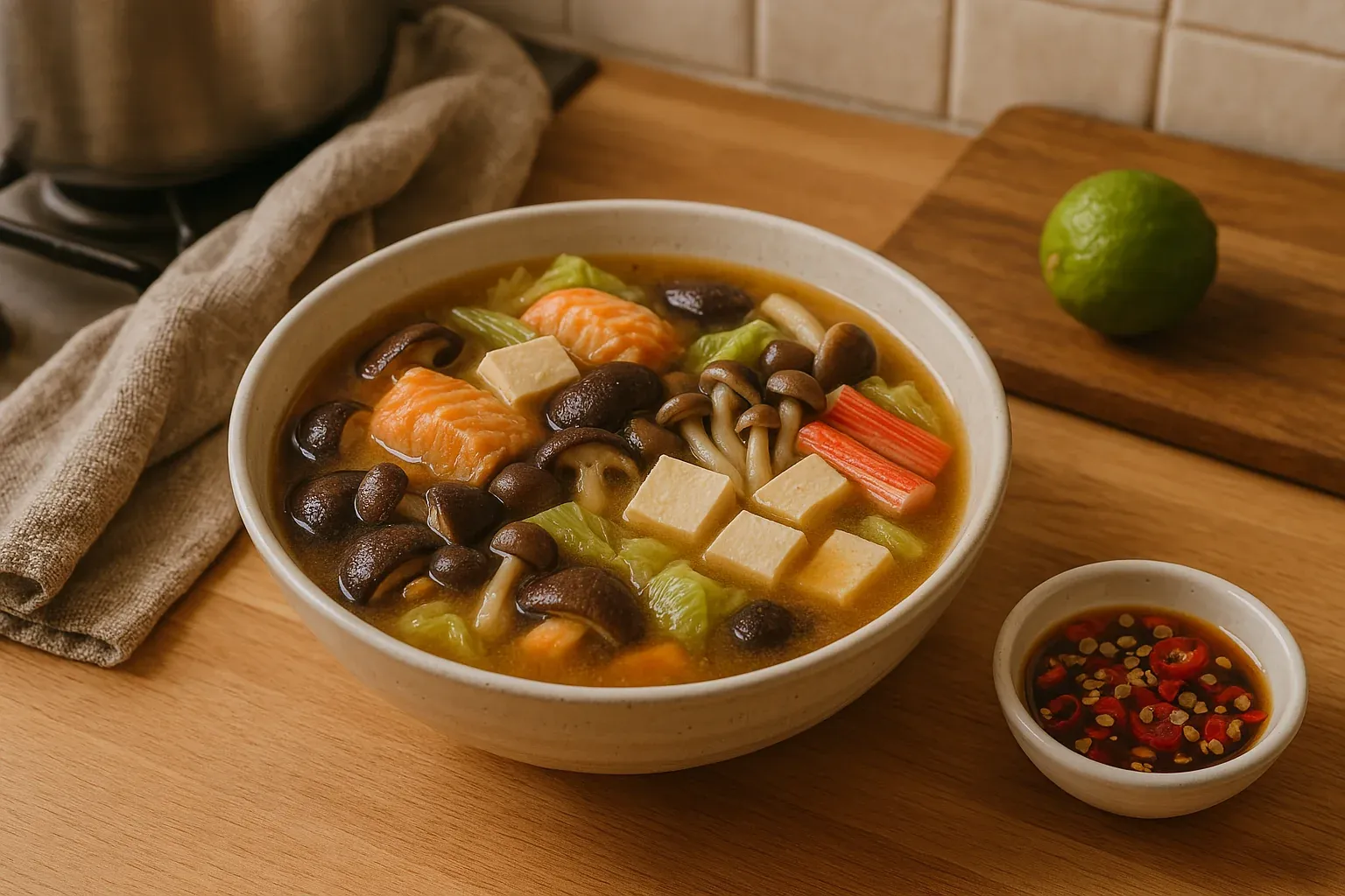Bowl of miso soup with salmon, tofu, mushrooms, and crab sticks, accompanied by a small dish of soy sauce with sliced red chili.