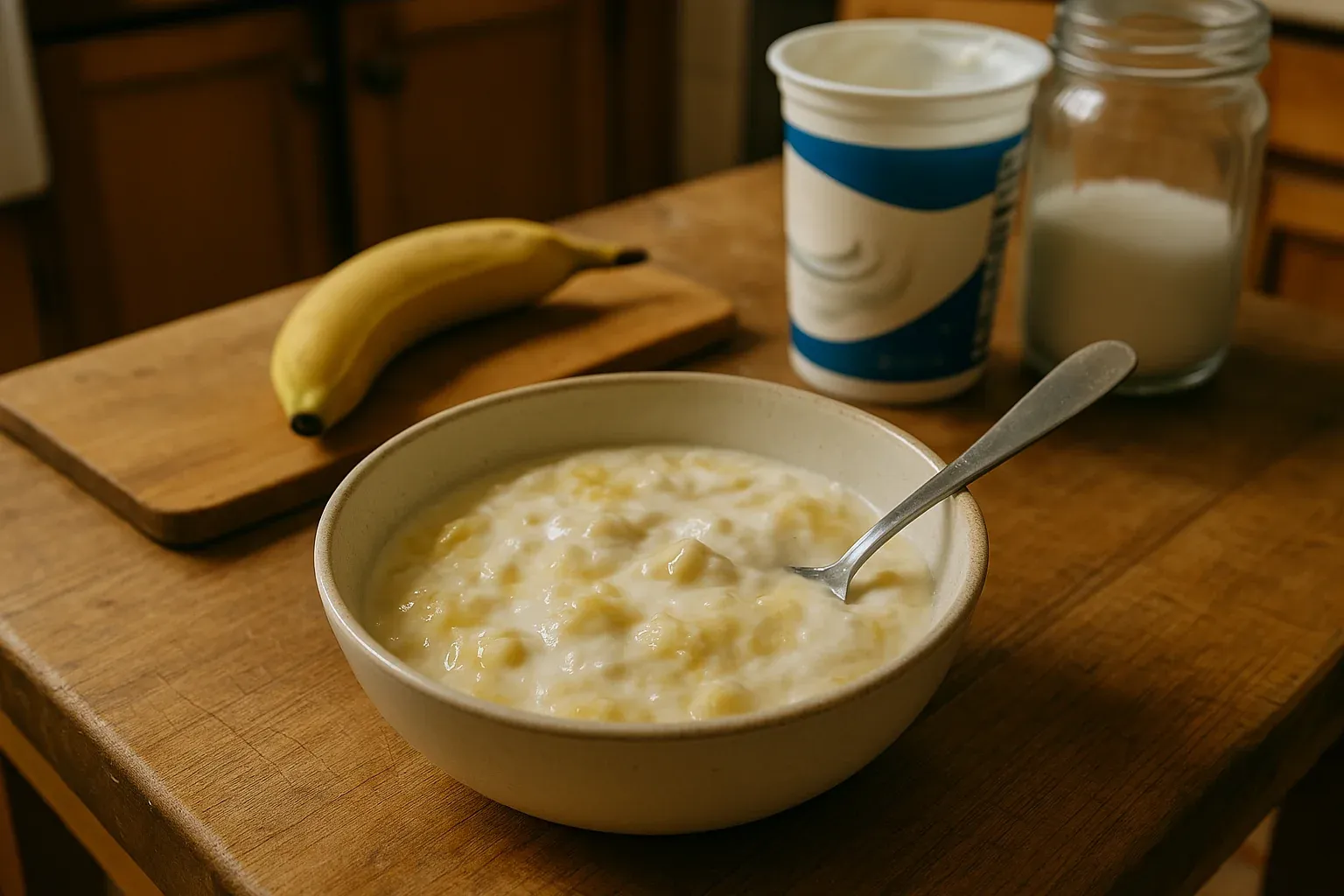 A bowl of creamy banana rice pudding on a wooden table, with a banana, yogurt container, and jar of milk in the background.