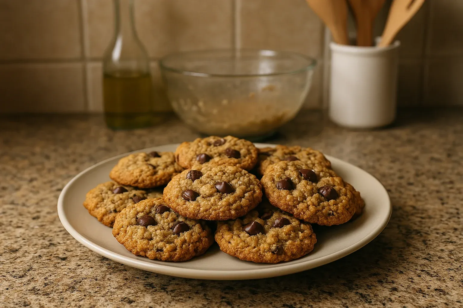 Plate of homemade oatmeal chocolate chip cookies on a kitchen counter with baking utensils in the background.