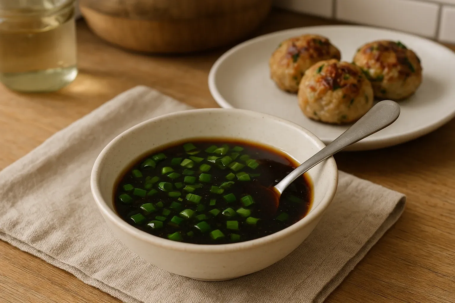 Soy dipping sauce with chopped green onions in a bowl, served with chicken meatballs on a plate in the background.