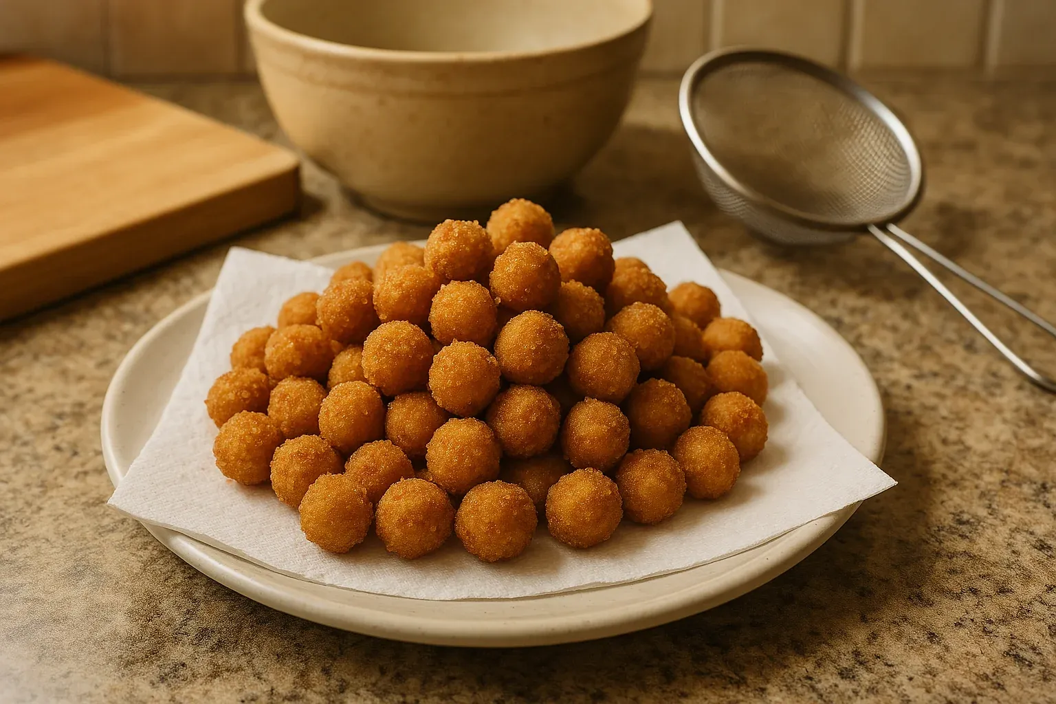 Golden, crispy, bite-sized cheese balls stacked on a plate with a napkin, perfect for appetizers or snacks.