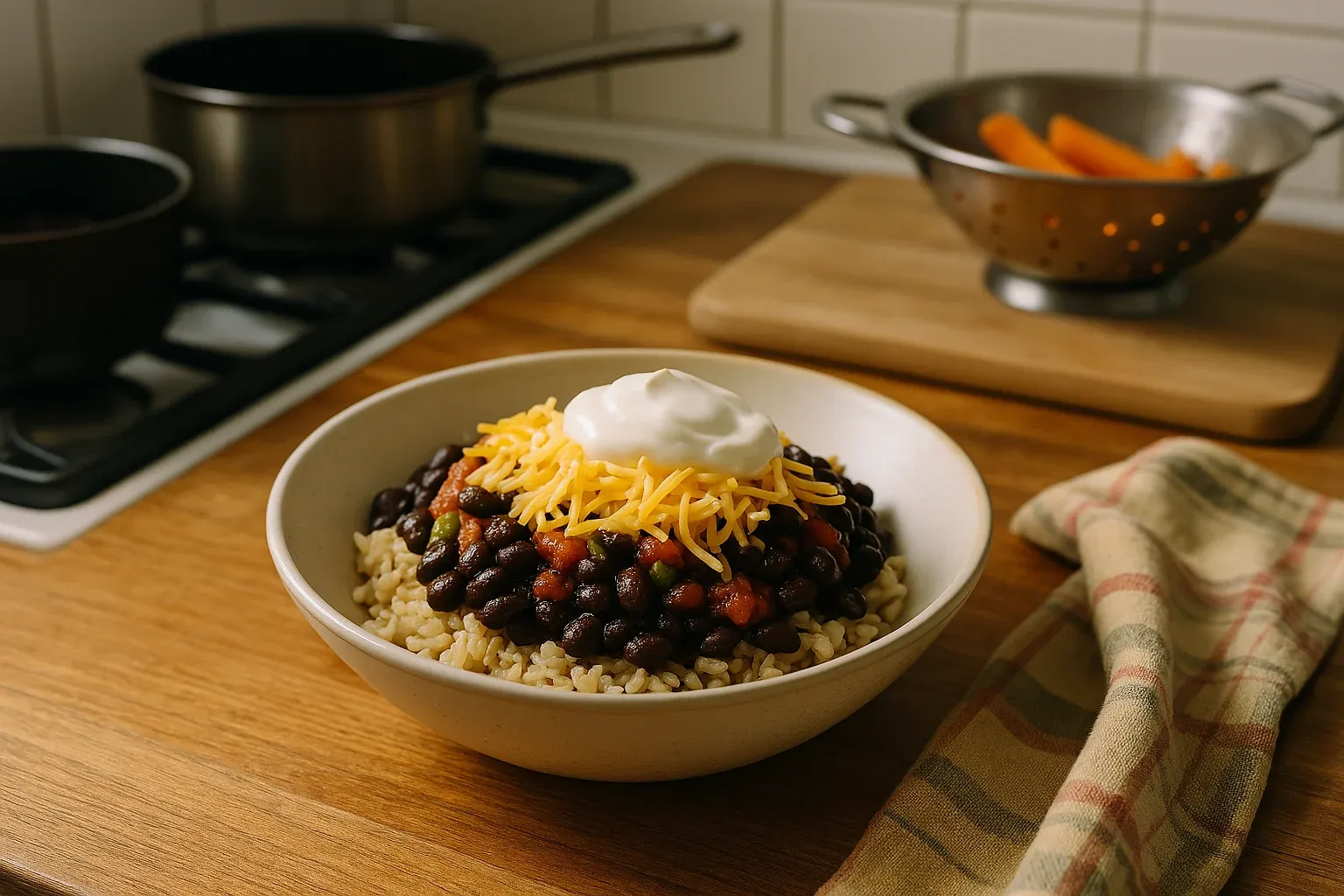 Bowl of rice topped with black beans, salsa, shredded cheese, and a dollop of sour cream, set on a wooden kitchen countertop.