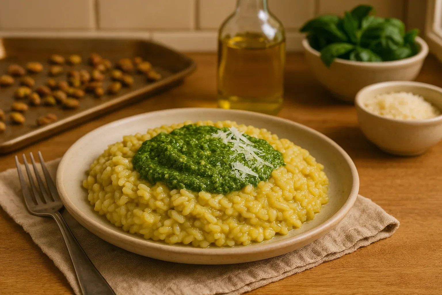Creamy risotto topped with vibrant green pesto and grated Parmesan, with ingredients like olive oil, basil, and nuts in the background.