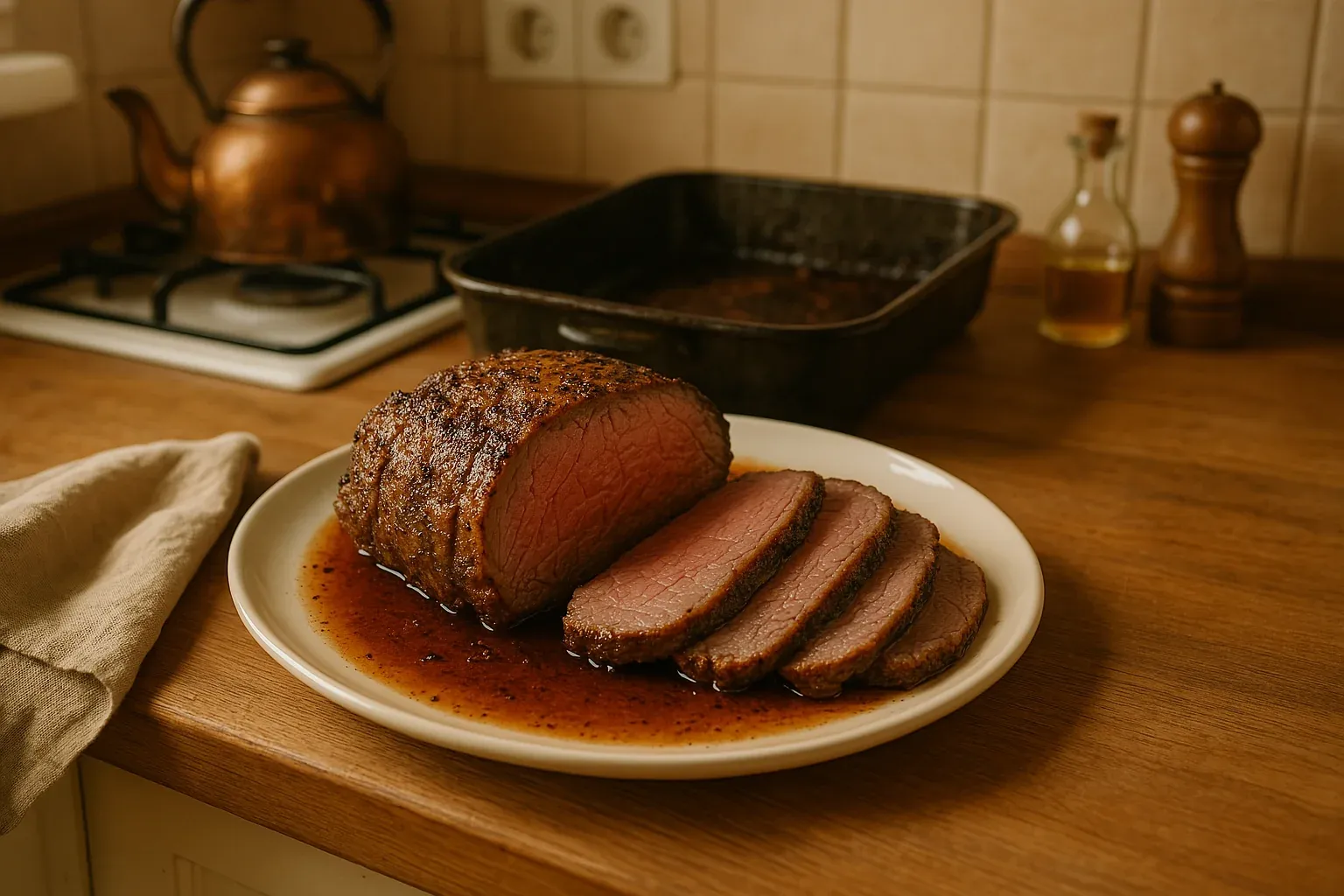 Succulent roast beef sliced and served on a plate with rich gravy, set in a cozy kitchen with rustic decor.