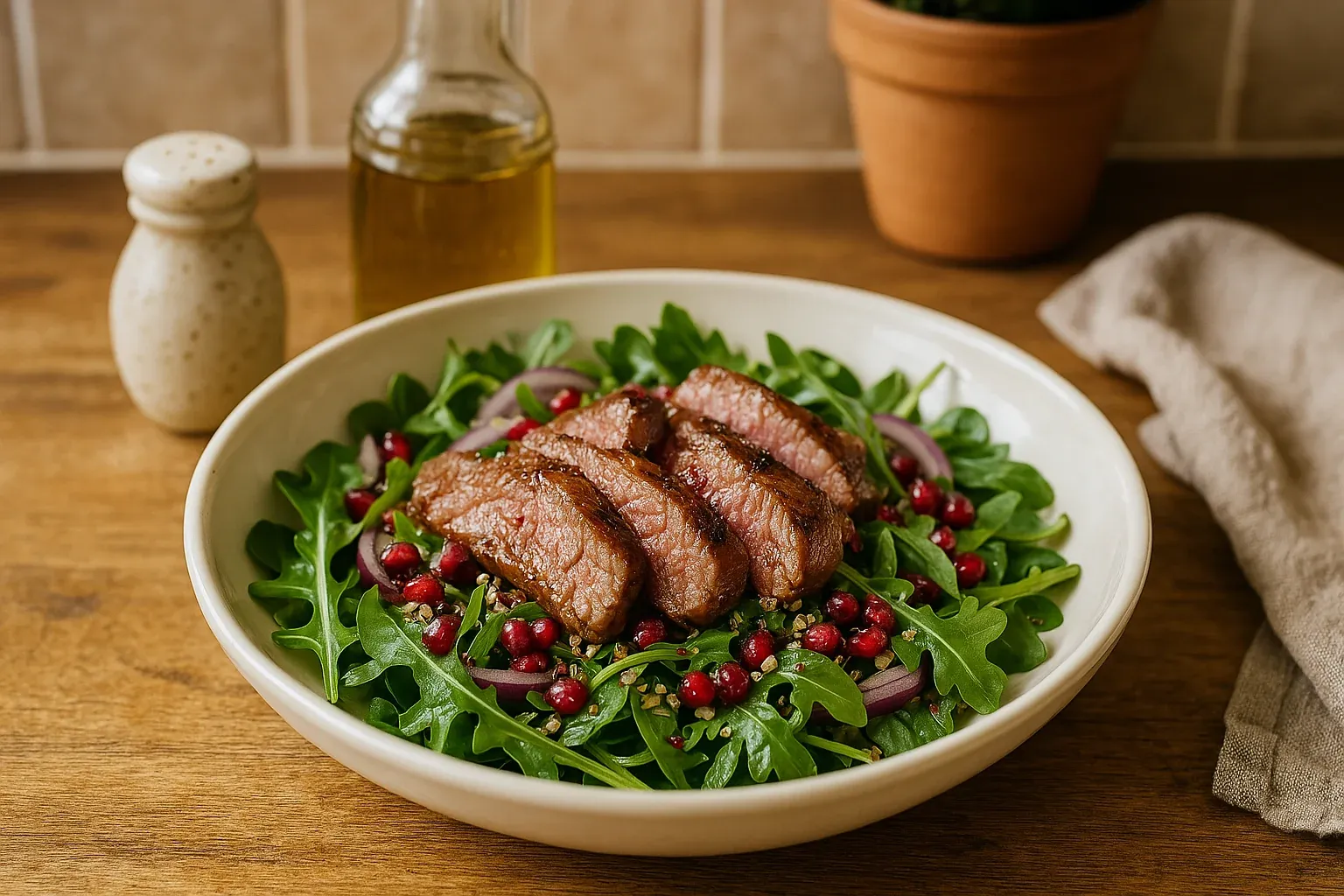 Arugula salad topped with sliced steak, red onions, pomegranate seeds, and a vinaigrette dressing.