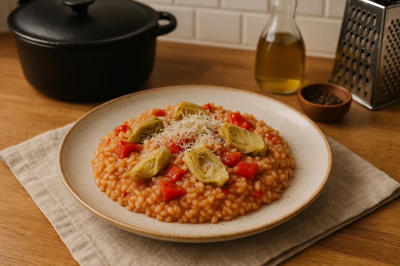 Creamy tomato risotto topped with artichoke hearts and grated cheese, served on a rustic plate with kitchen tools in the background.