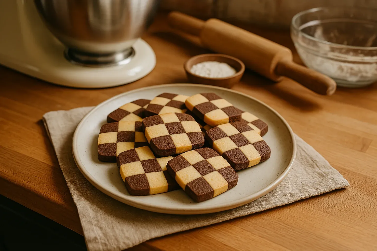 Checkerboard cookies on a plate with baking tools in the background.