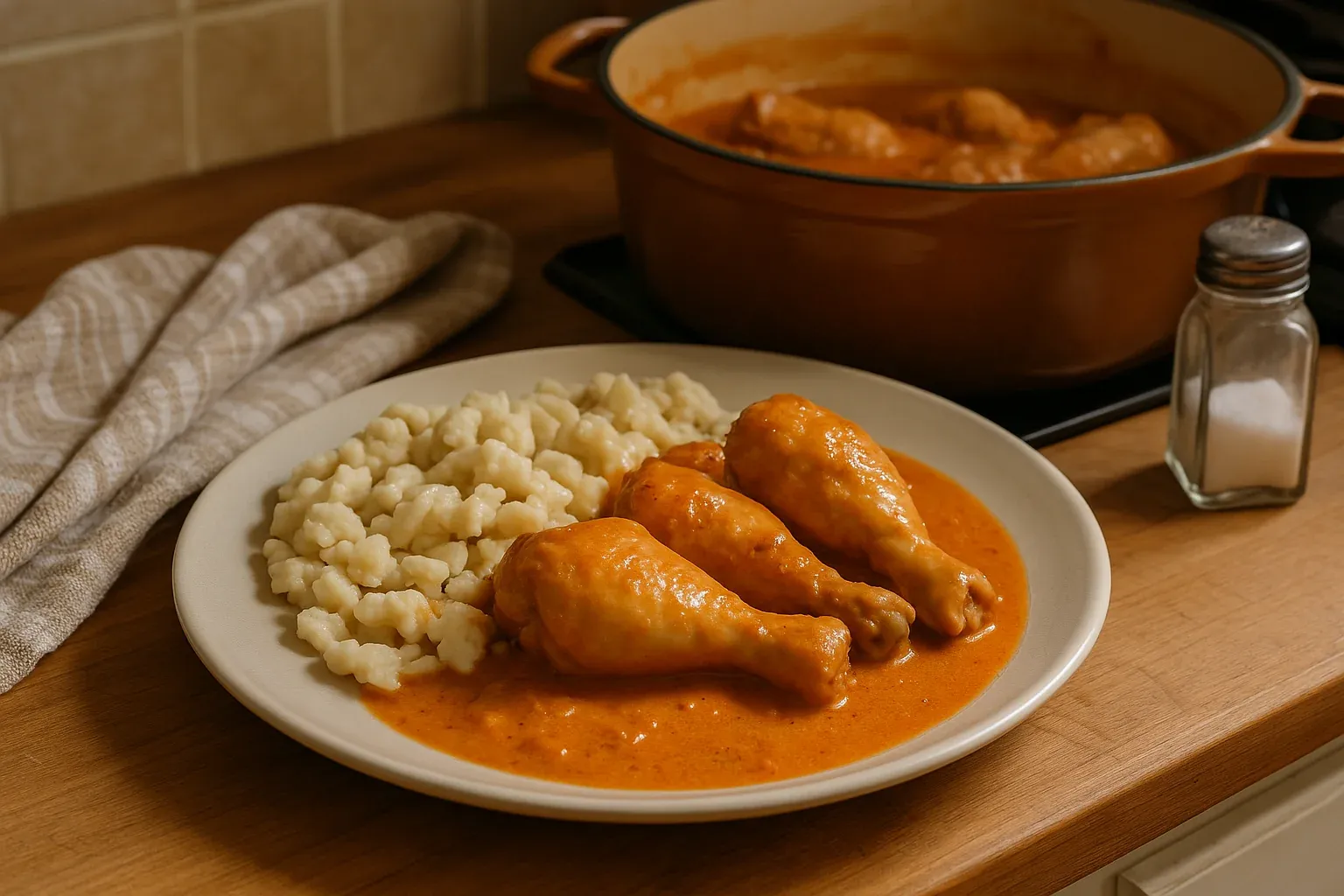 Hungarian chicken paprikash served with spaetzle on a plate, with a pot of chicken paprikash in the background.