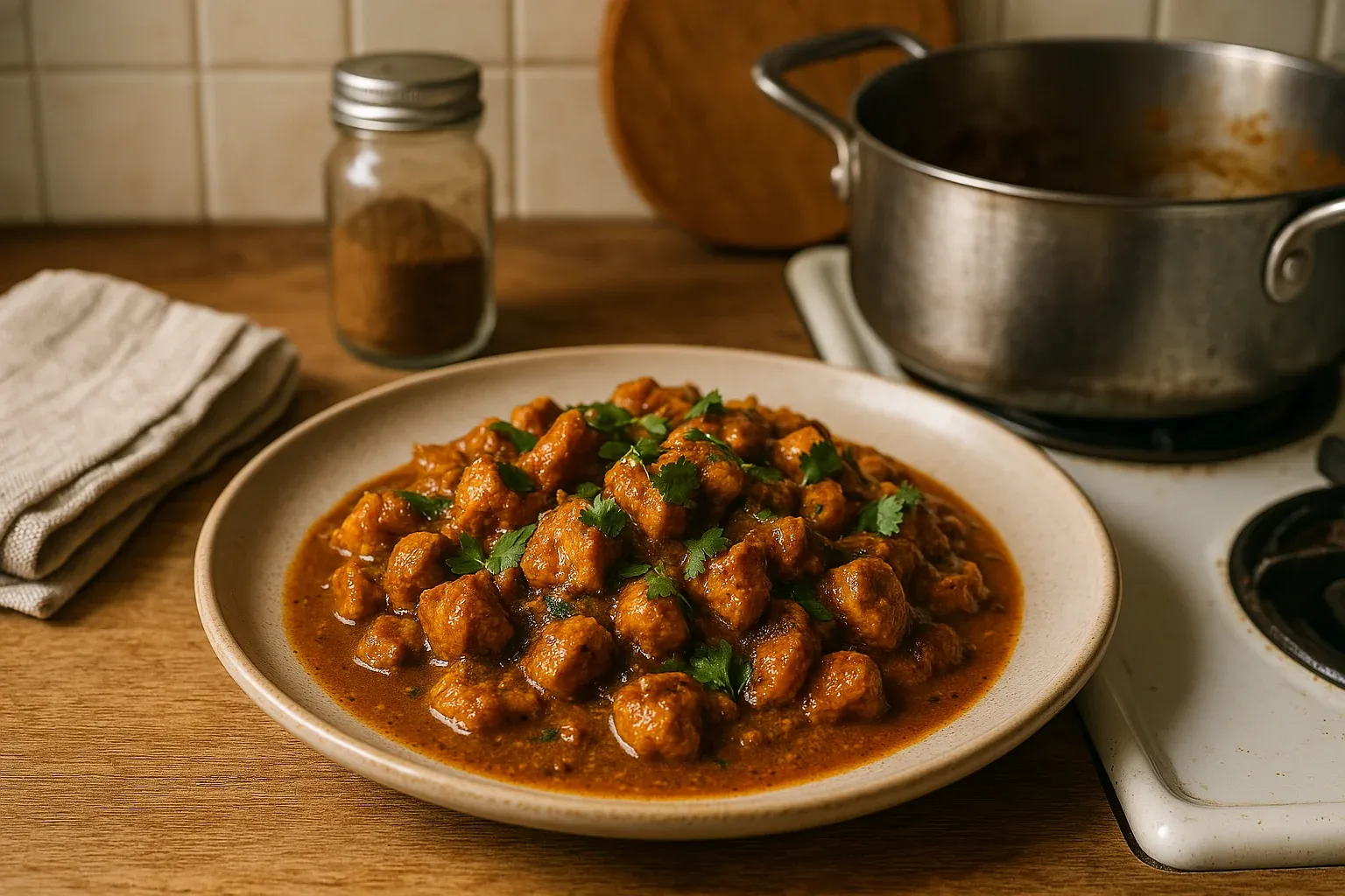 Plate of spicy curry with chunks of meat, garnished with fresh cilantro, next to a jar of spices and a pot on a stove.