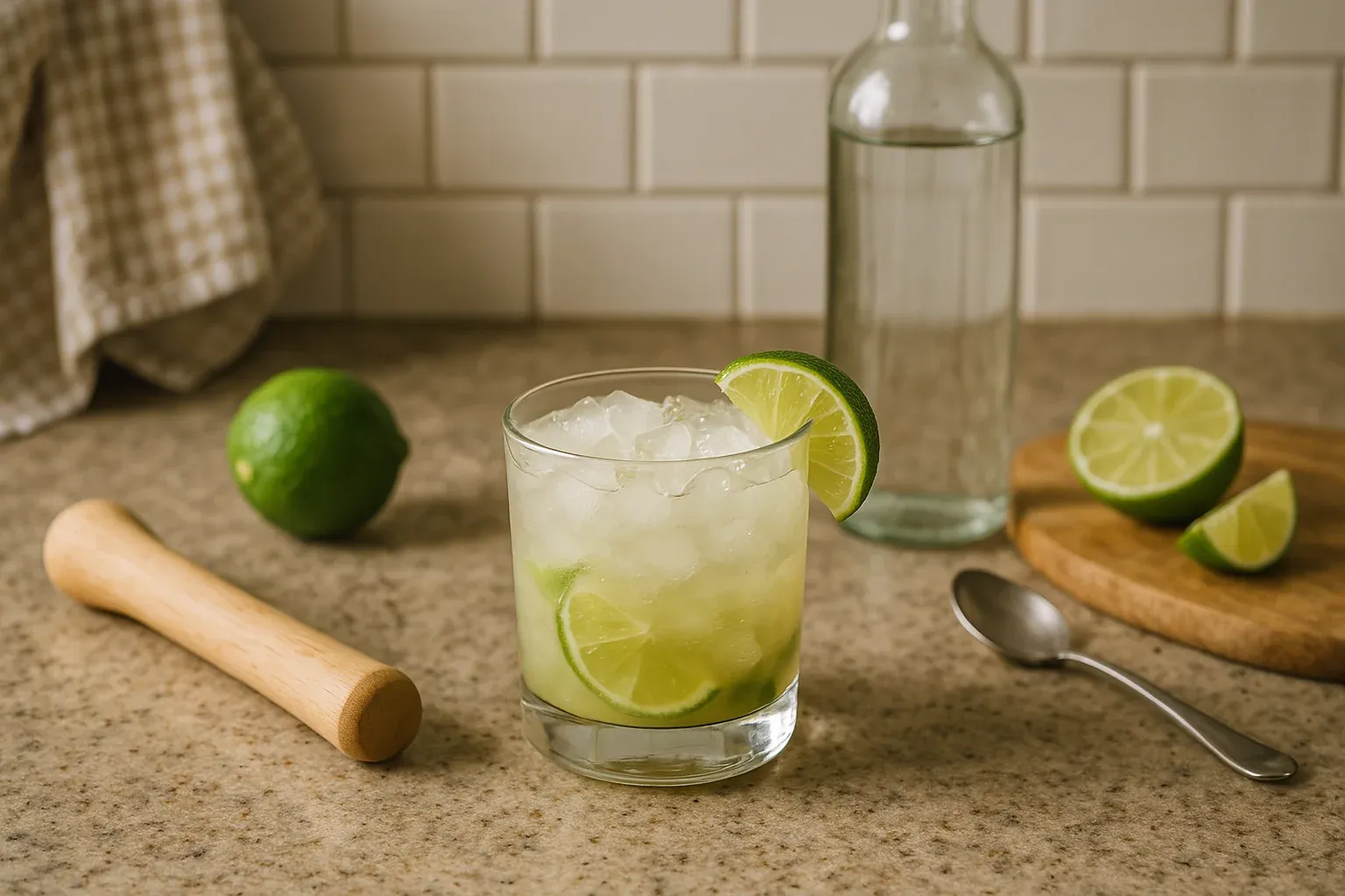 Caipirinha cocktail with lime slices, crushed ice, and a lime wedge garnish, surrounded by a muddler, whole lime, and cut limes on a kitchen counter.