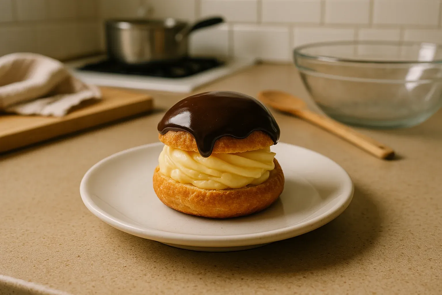 Cream puff filled with vanilla pastry cream and topped with chocolate glaze, displayed on a kitchen counter.