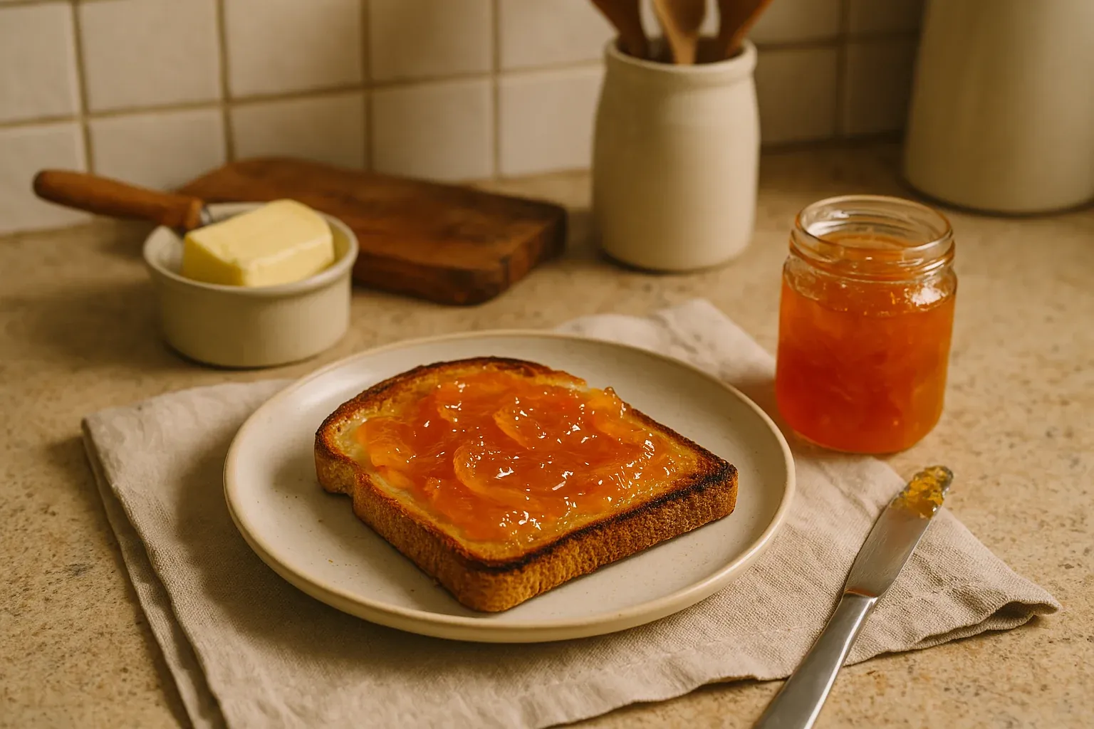 Toast with orange marmalade on a plate, accompanied by a butter dish and a jar of marmalade on a kitchen counter.