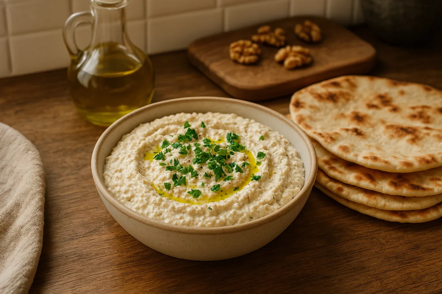 Creamy hummus garnished with parsley and olive oil, served with pita bread and walnuts in a rustic kitchen setting.