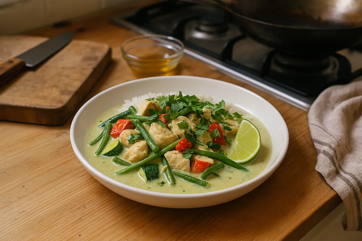 Green Thai curry with chicken, green beans, red peppers, and lime served over rice in a white bowl on a wooden kitchen counter.