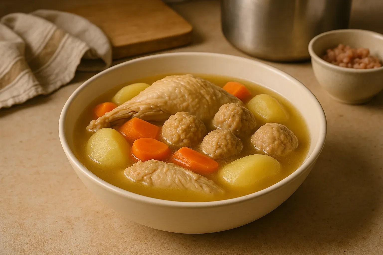 Chicken soup with dumplings, carrots, and potatoes in a bowl.