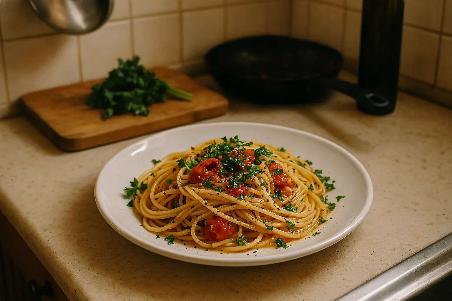 A plate of spaghetti with tomato sauce and fresh parsley garnished on a countertop.