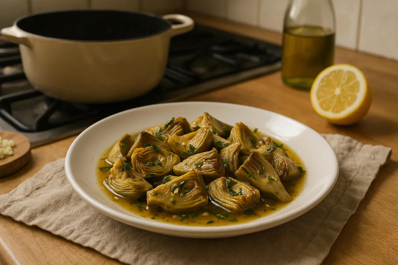 Plate of sautéed artichokes in a garlic and herb sauce, garnished with parsley, with a lemon half and olive oil bottle in the background.