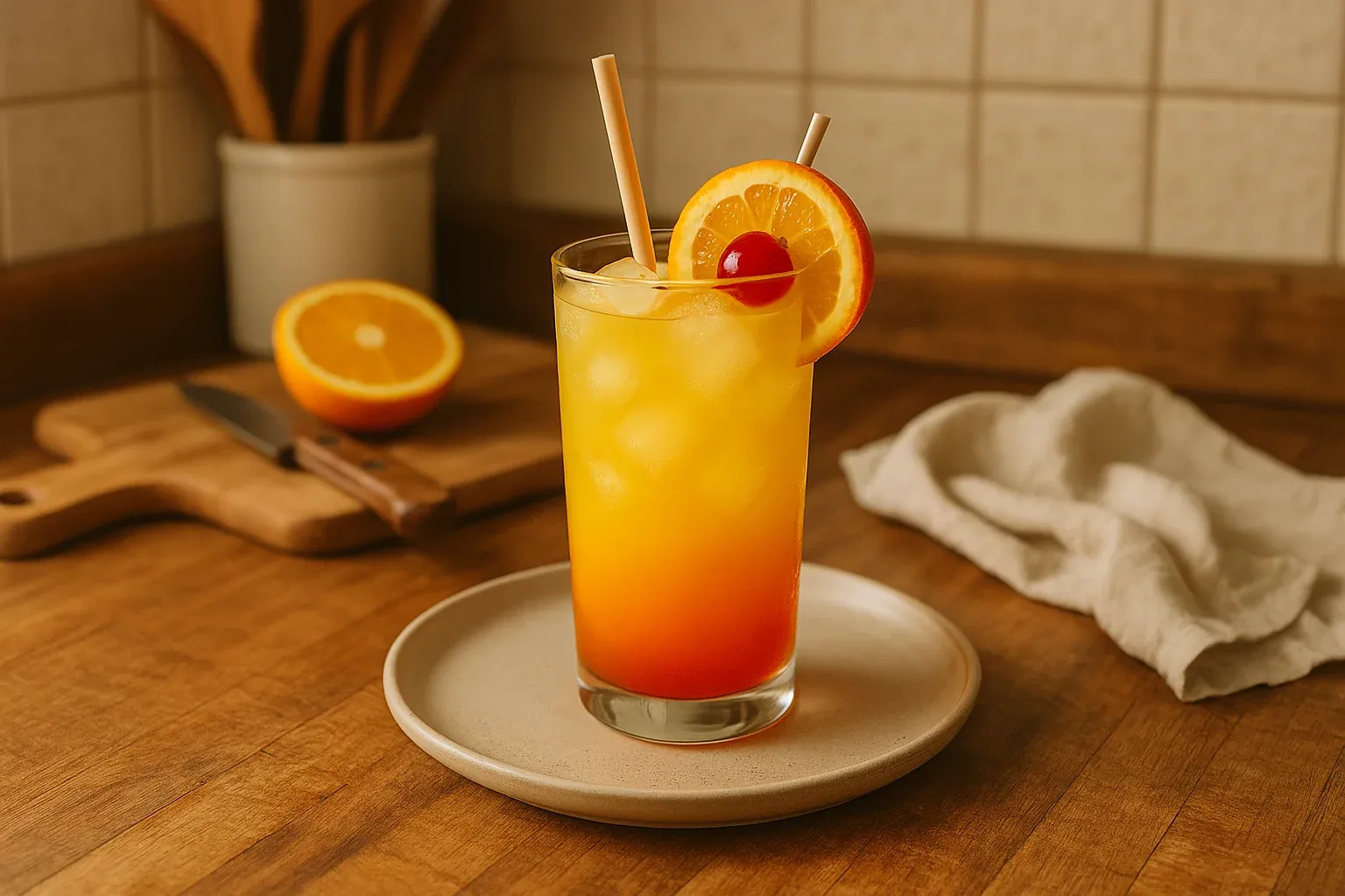 Refreshing orange and red cocktail garnished with orange slice and cherry, served on wooden table with cutting board and half orange.
