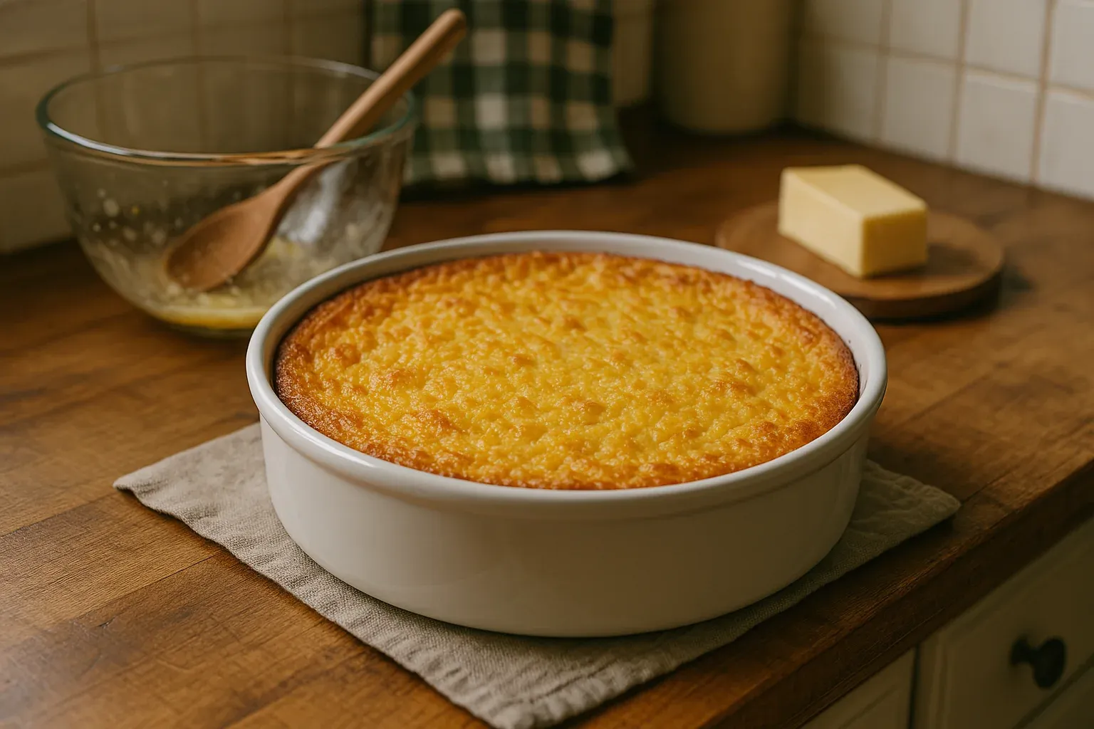 Freshly baked cornbread in a white baking dish on a wooden countertop with butter and a mixing bowl in the background.