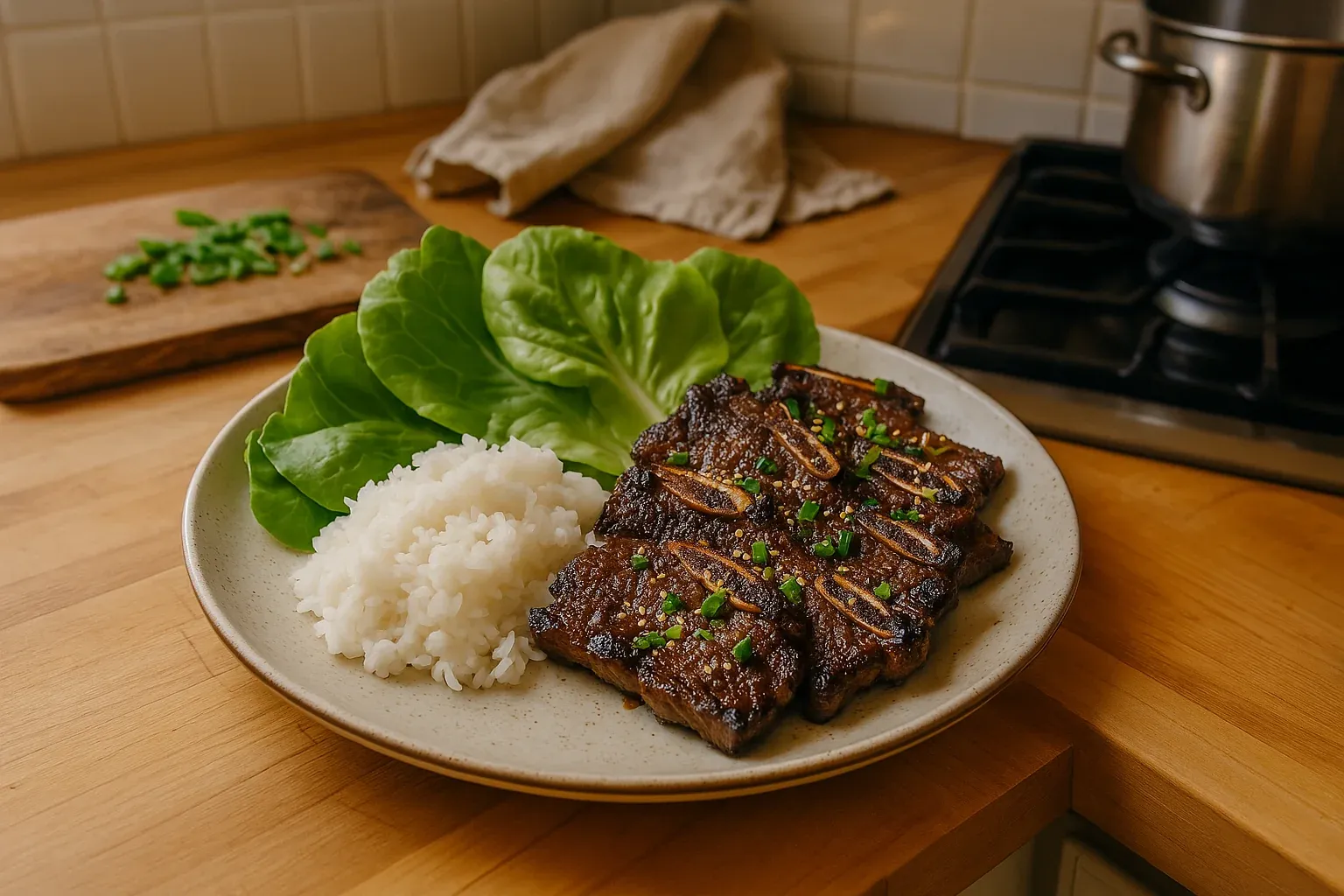 Grilled short ribs with chopped green onions, served with rice and lettuce on a plate.