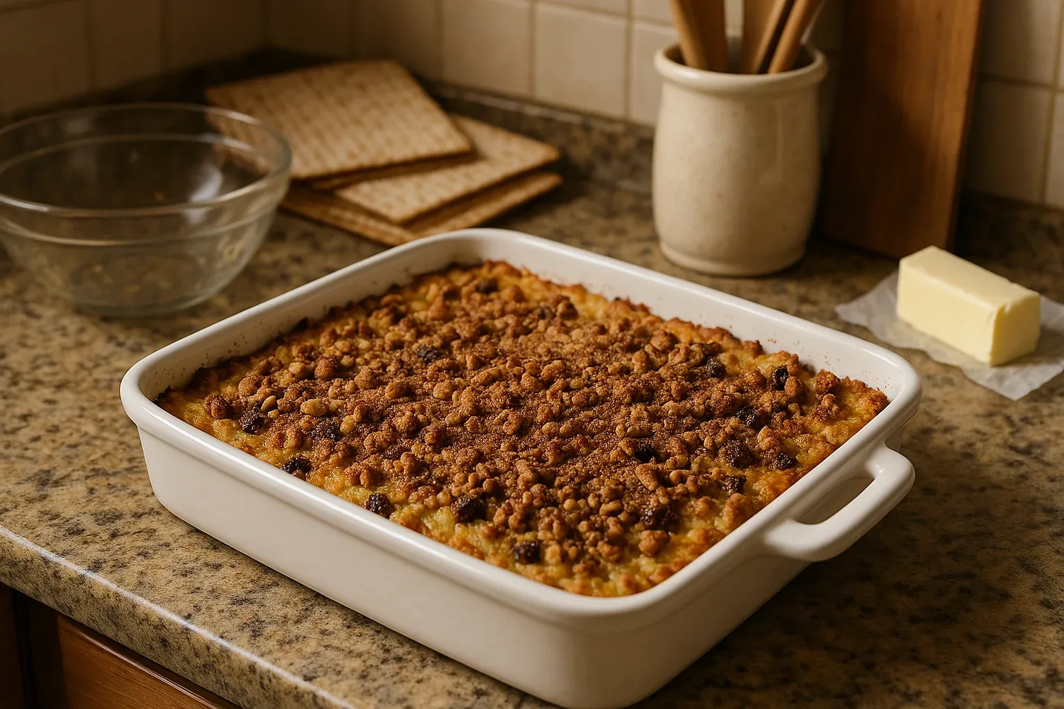 Golden brown kugel with a crispy topping in a white baking dish on a kitchen countertop with matzo crackers and butter nearby.