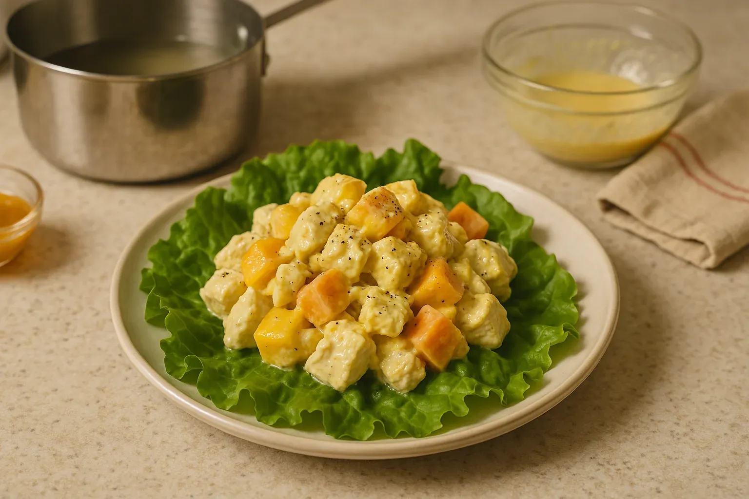 Chicken and mango salad with creamy dressing served on a bed of lettuce leaves.