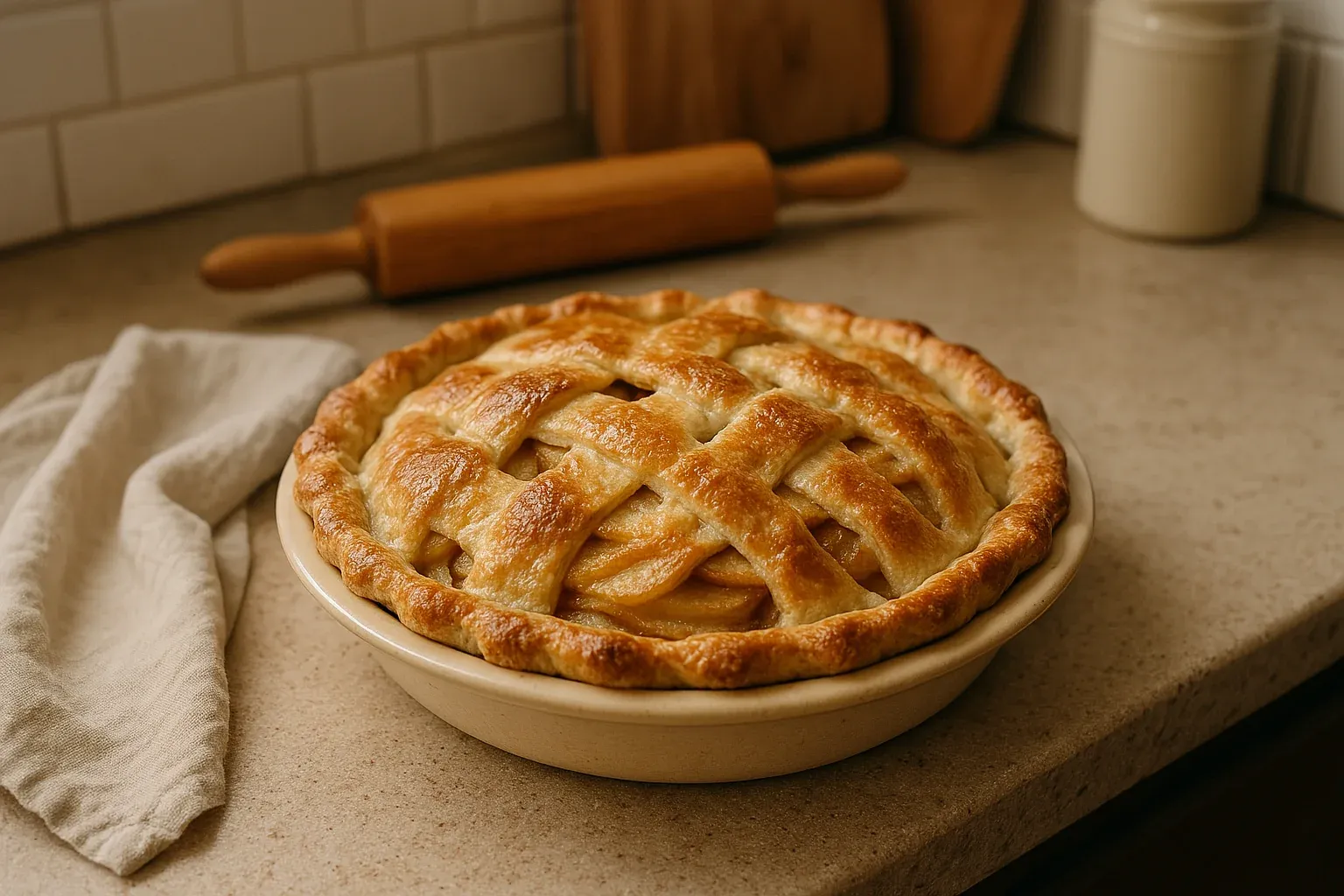 Golden-brown lattice apple pie cooling on a kitchen counter, with a cloth napkin and rolling pin in the background.