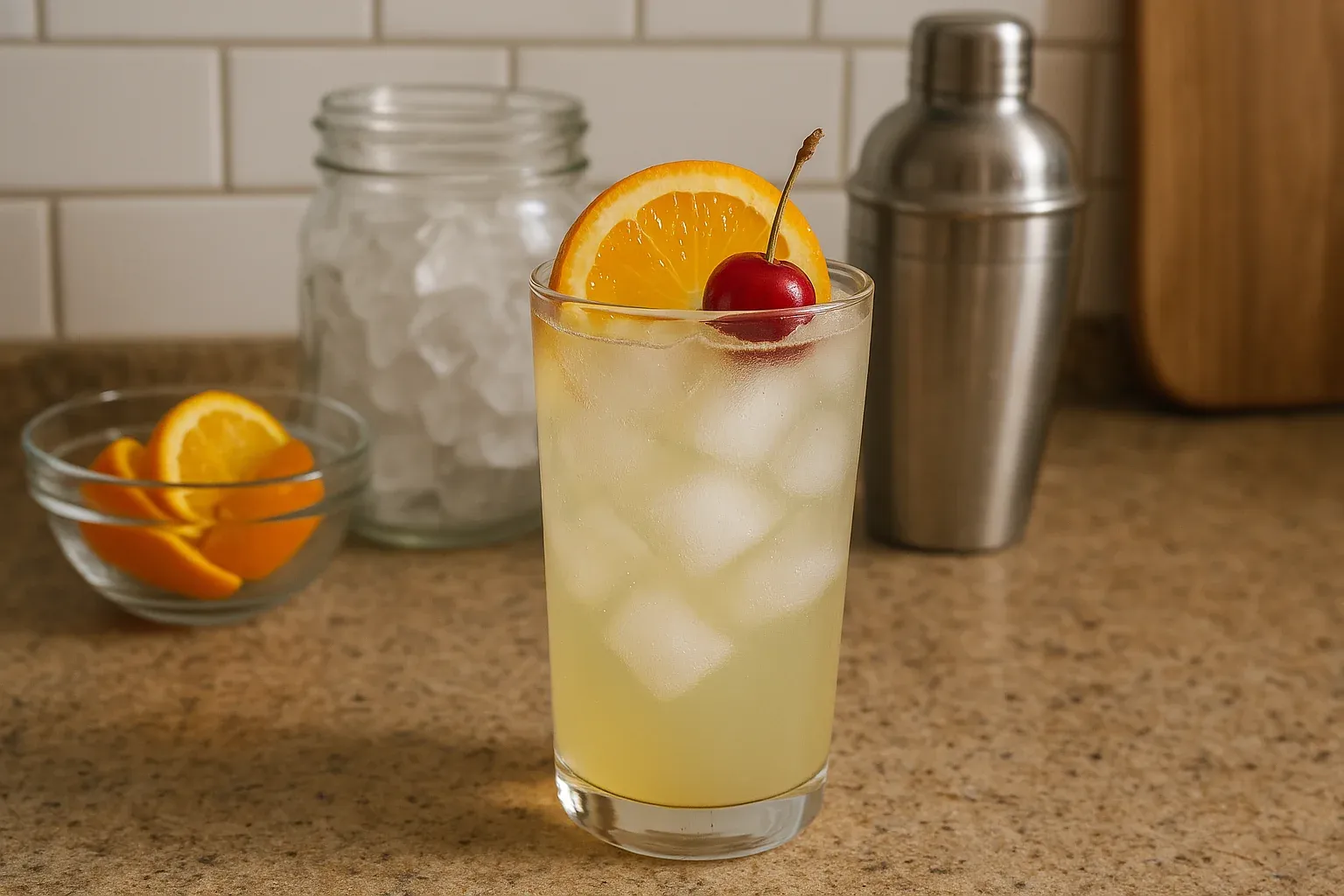 Refreshing cocktail with ice, garnished with an orange slice and cherry, shaker and jar of ice in the background.