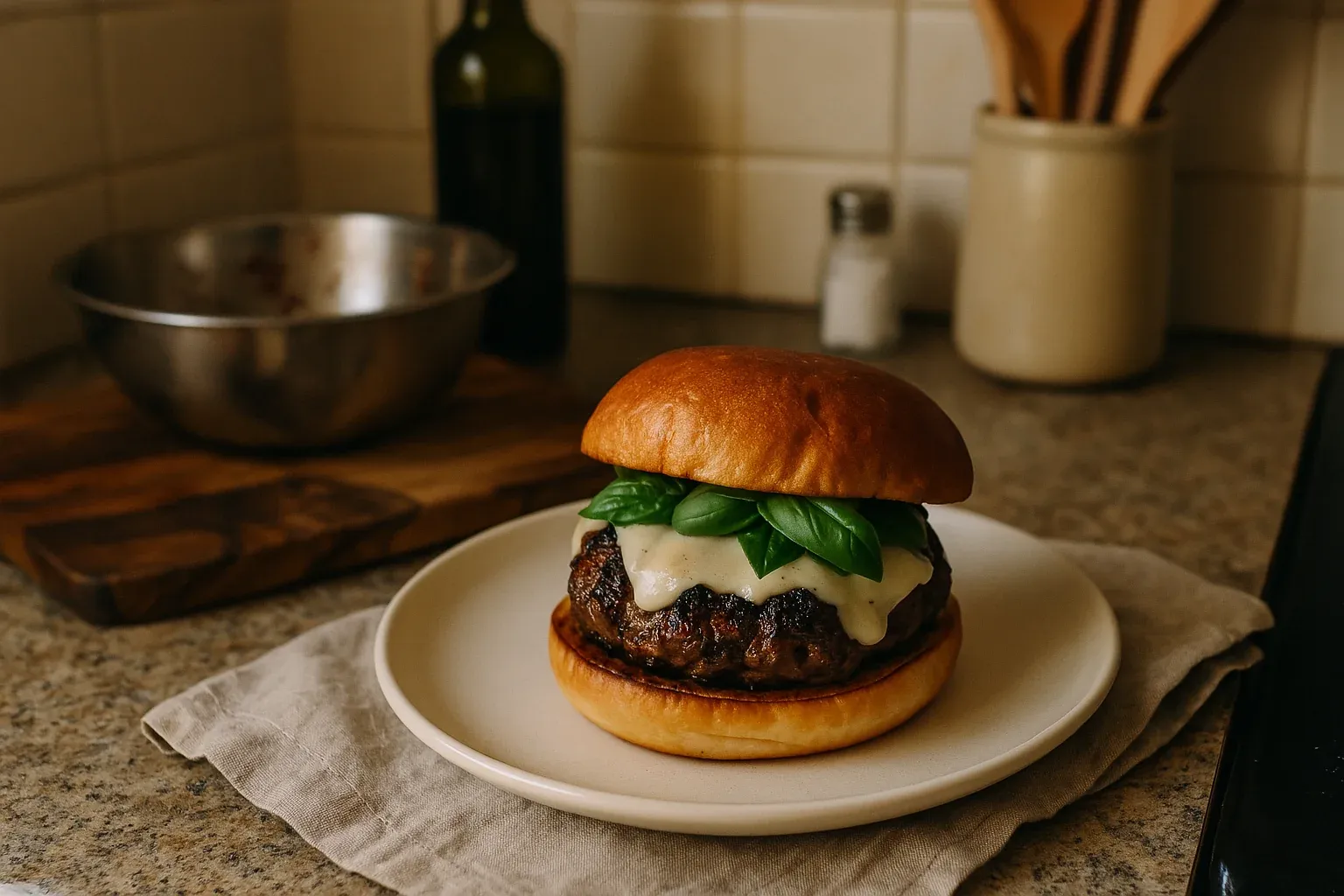 Gourmet burger with melted cheese and fresh basil on a toasted bun, served on a white plate in a cozy kitchen setting.