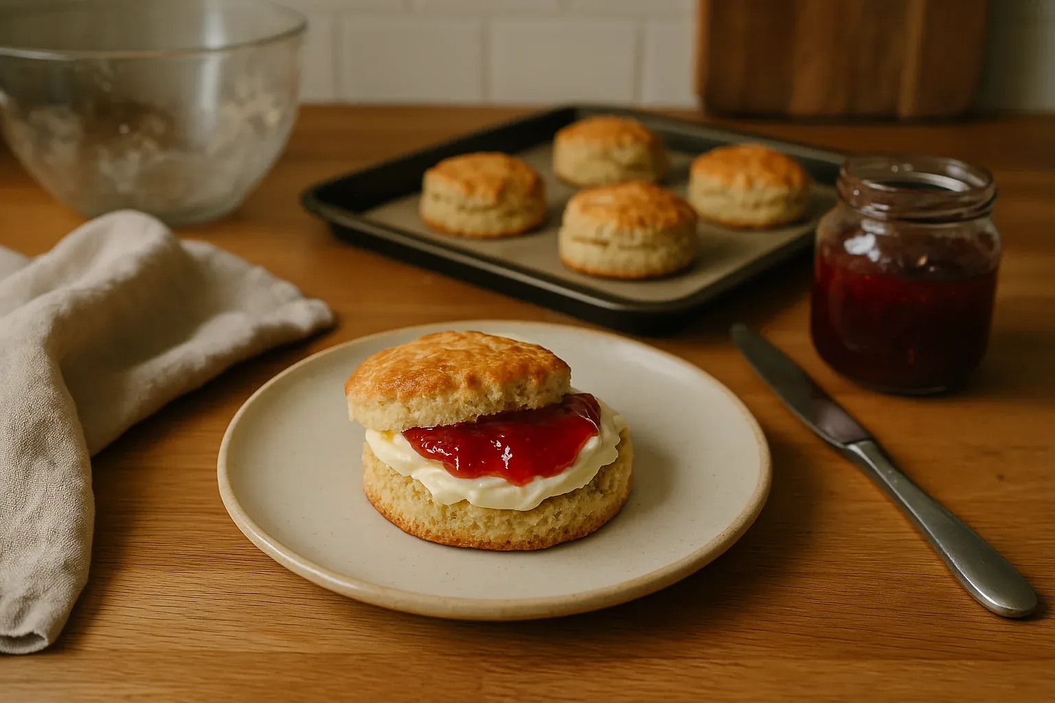Freshly baked scones with clotted cream and strawberry jam on a plate, accompanied by a jar of jam and a baking tray with more scones.