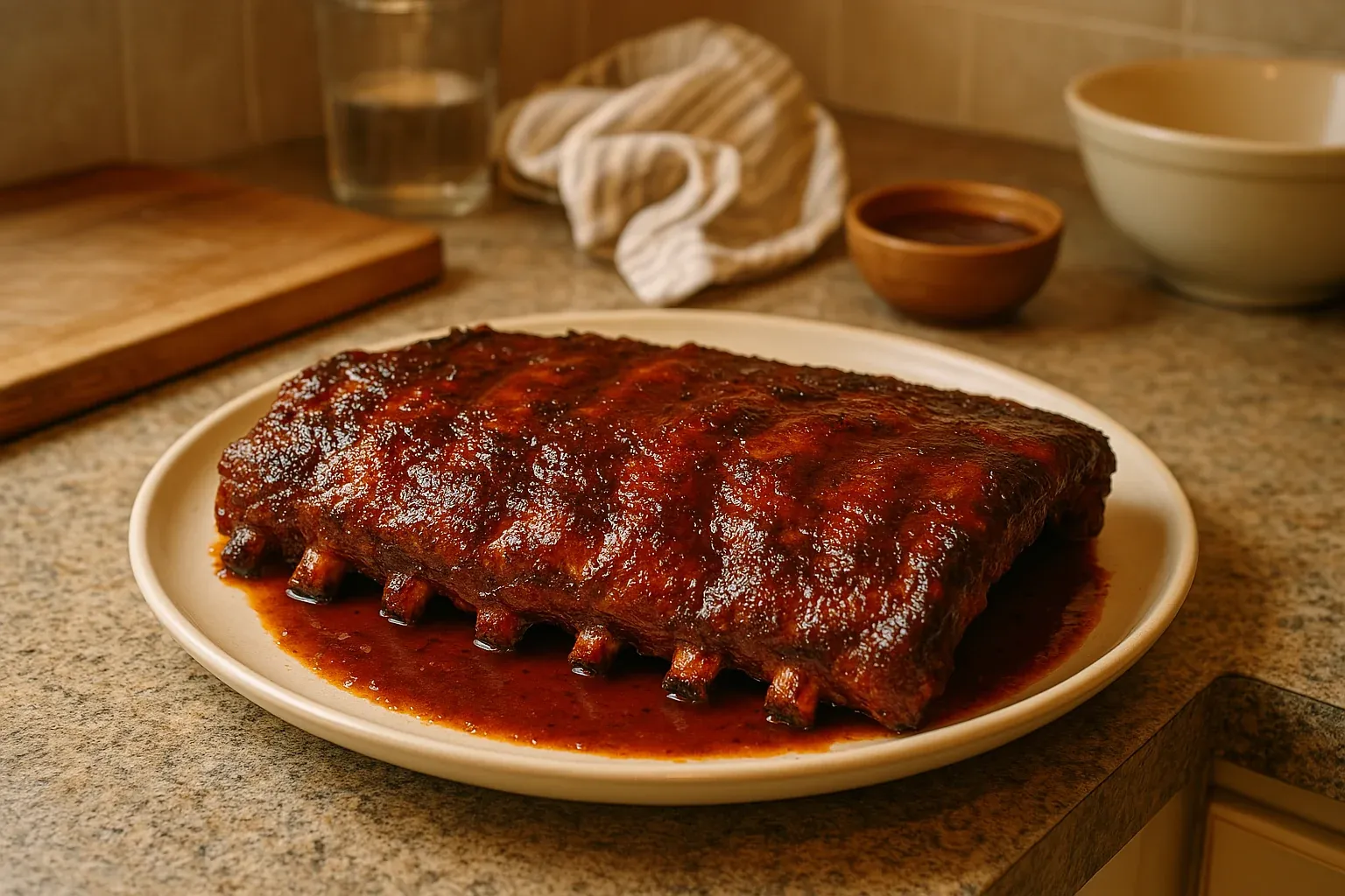 Succulent, saucy rack of ribs on a plate, ready to serve.