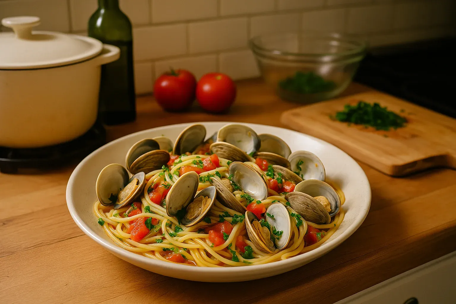 A plate of spaghetti with clams, fresh tomatoes, and parsley on a kitchen counter with chopped herbs and tomatoes in the background.
