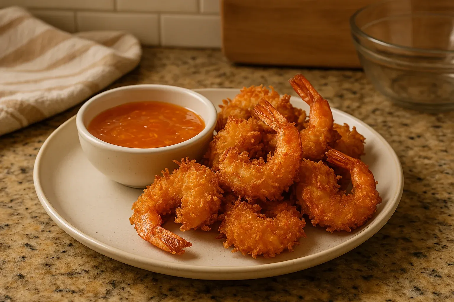 Golden crispy fried shrimp served with a bowl of tangy orange dipping sauce on a white plate.