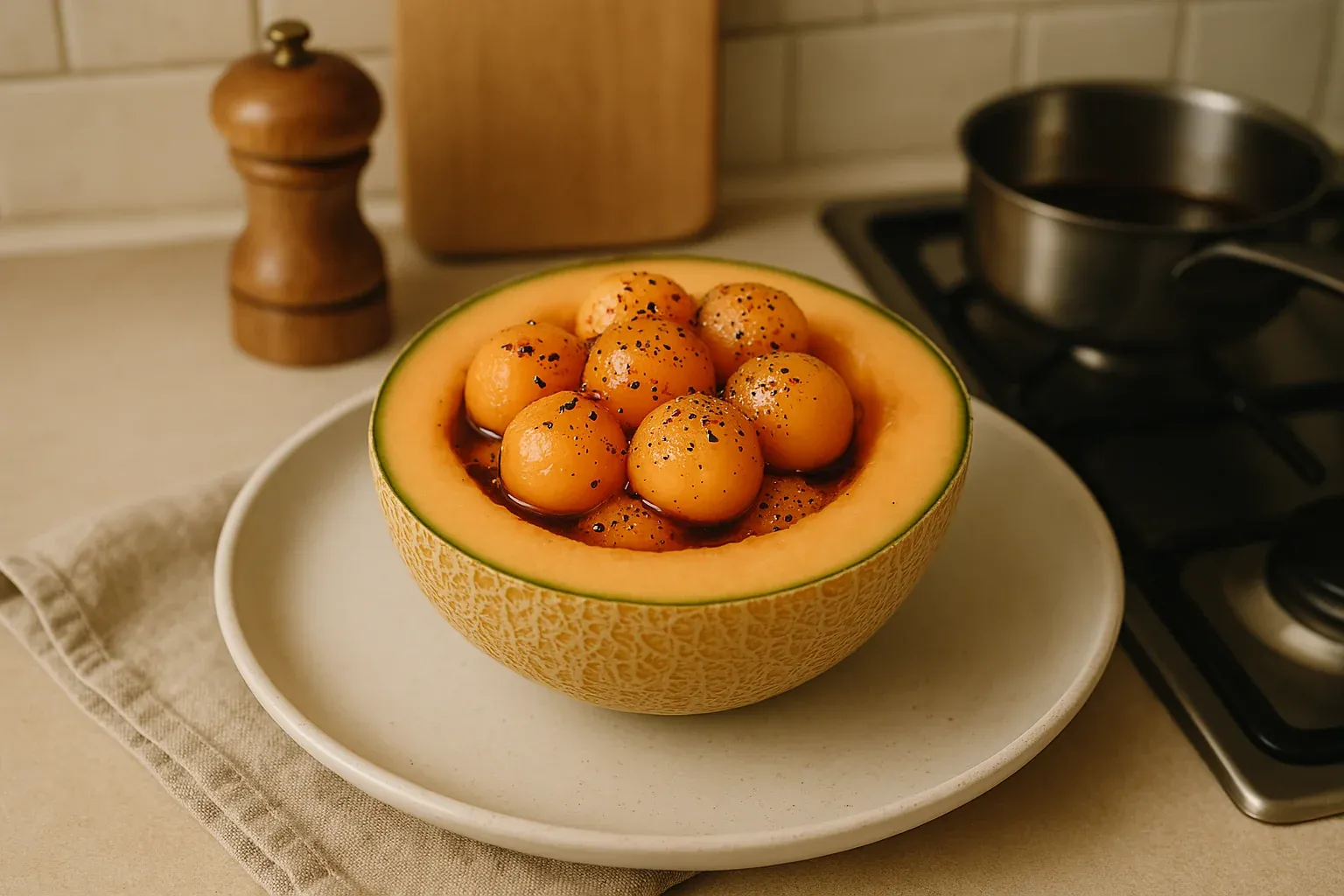 Halved cantaloupe filled with melon balls, seasoned with black pepper, set on a white plate next to a pepper grinder and saucepan.