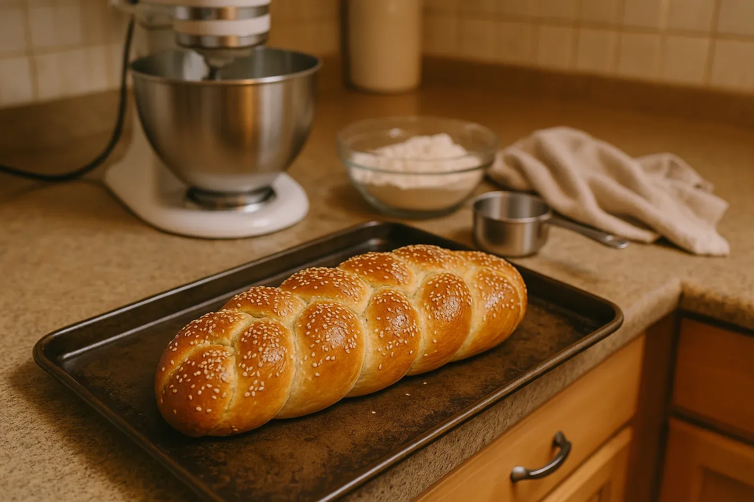 Freshly baked braided challah loaf with sesame seeds, cooling on a baking tray near a stand mixer and baking ingredients.