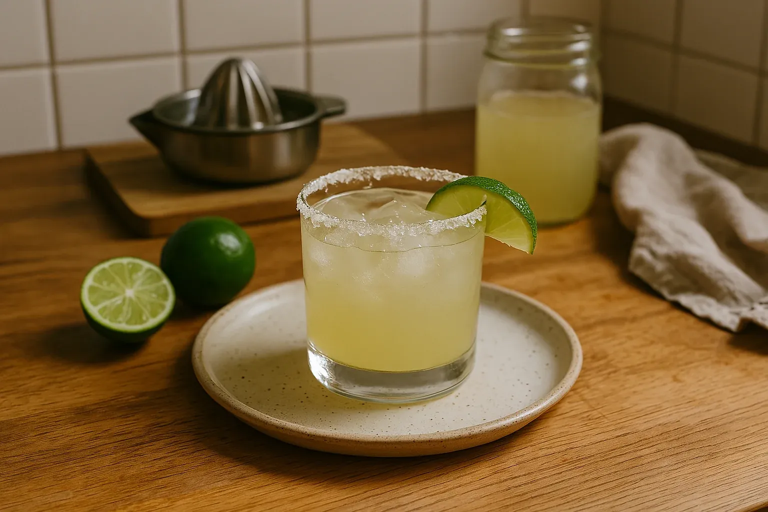 Salt-rimmed margarita with ice and lime wedge on a plate, fresh limes and juicer in the background, on a wooden countertop.
