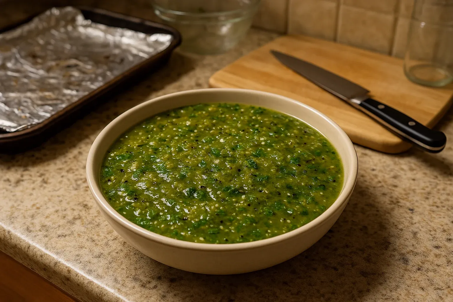 Freshly made green salsa in a bowl on a kitchen counter with a knife and cutting board in the background.
