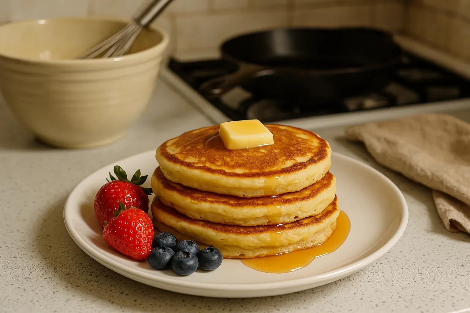 Stack of fluffy pancakes topped with butter and syrup, served with fresh strawberries and blueberries on a white plate in a kitchen setting.