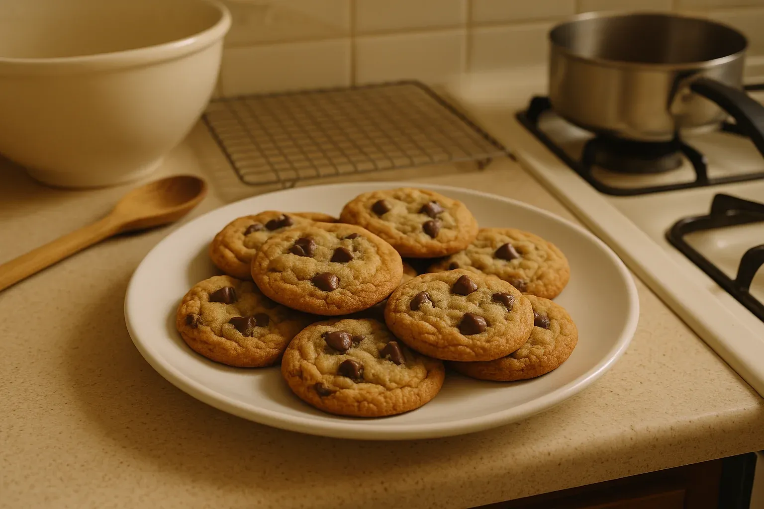 Freshly baked chocolate chip cookies on a white plate with a wooden spoon, mixing bowl, and cooling rack in the background.