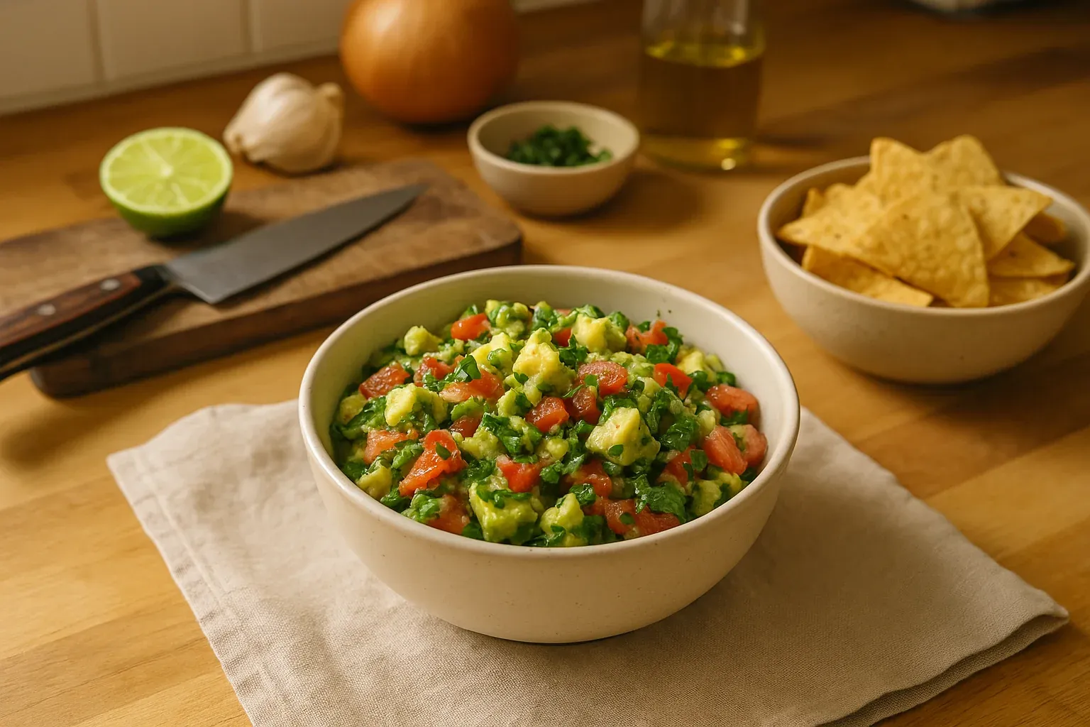 Bowl of fresh guacamole with diced tomatoes and cilantro, served with tortilla chips, lime, and garlic on a wooden cutting board.