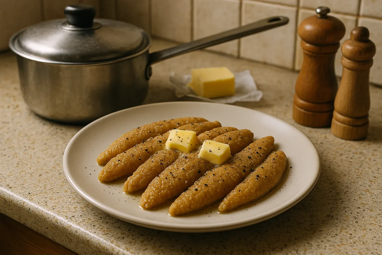 Plate of cooked semolina dumplings topped with butter and pepper, with a saucepan and butter block in the background.
