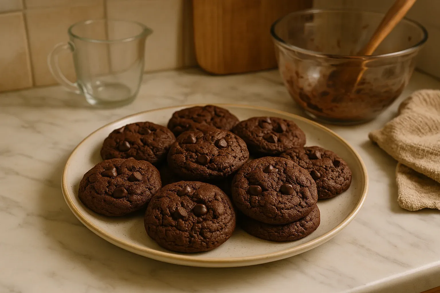A plate of freshly baked chocolate cookies with chocolate chips, displayed on a marble countertop next to a mixing bowl and kitchen towel.