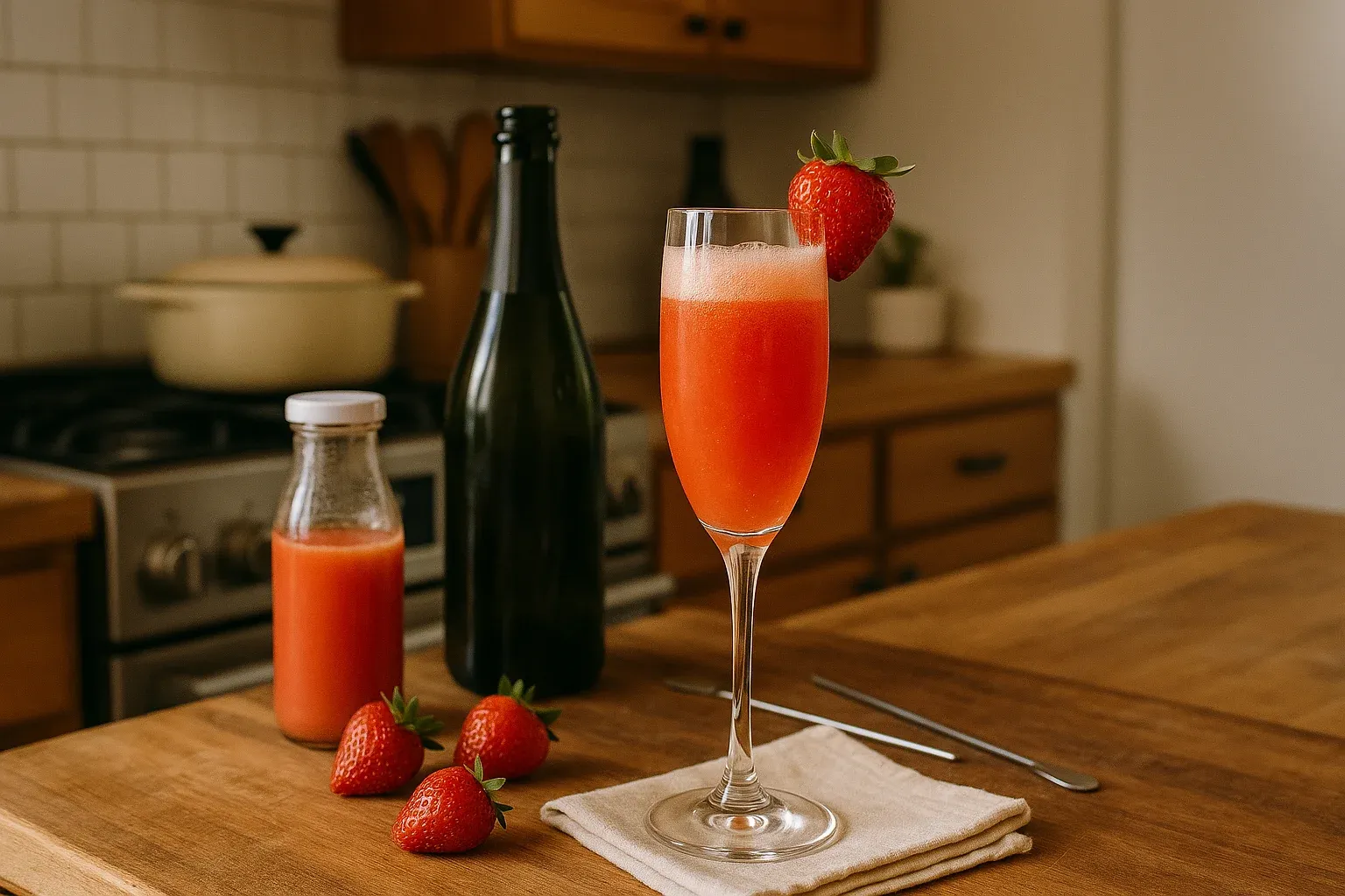 Fresh strawberry cocktail in a champagne flute garnished with a strawberry, with a bottle of juice, sparkling wine, and strawberries on a kitchen counter.