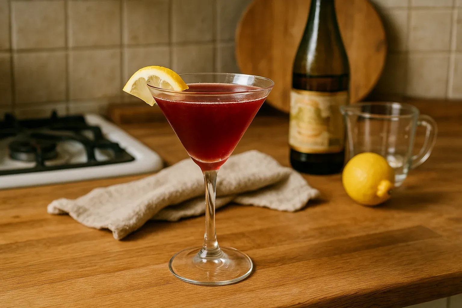 A red cocktail in a martini glass garnished with a lemon slice sits on a kitchen counter near a bottle, lemon, and measuring cup.