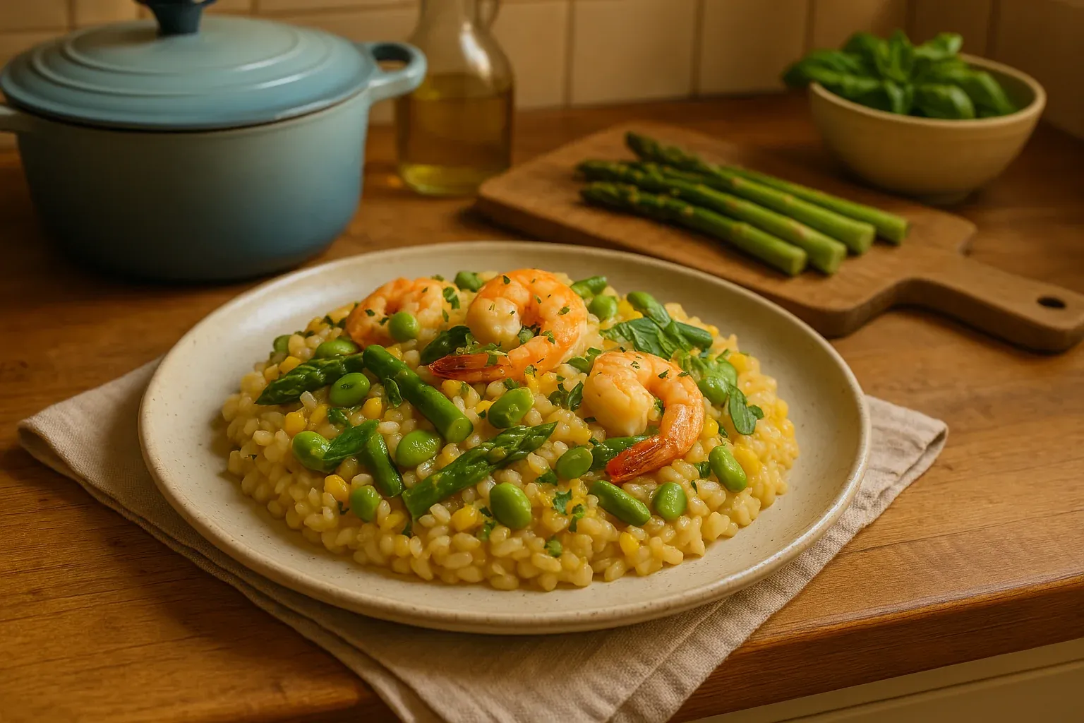 Shrimp risotto with asparagus and peas served on a plate, with fresh asparagus and basil on a wooden cutting board in the background.