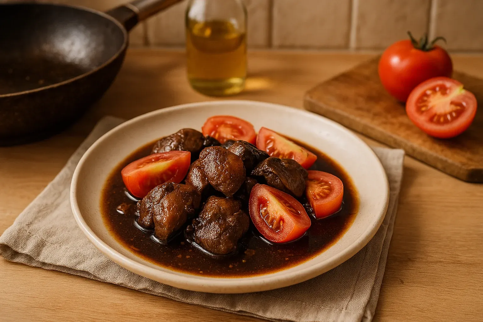 Braised pork with soy sauce and tomato wedges, served in a ceramic bowl on a wooden table with a wok and fresh tomatoes in the background.