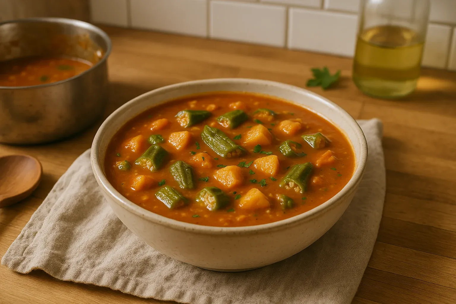 Hearty vegetable stew with okra and sweet potatoes in a rich tomato broth, served in a rustic bowl on a wooden table.
