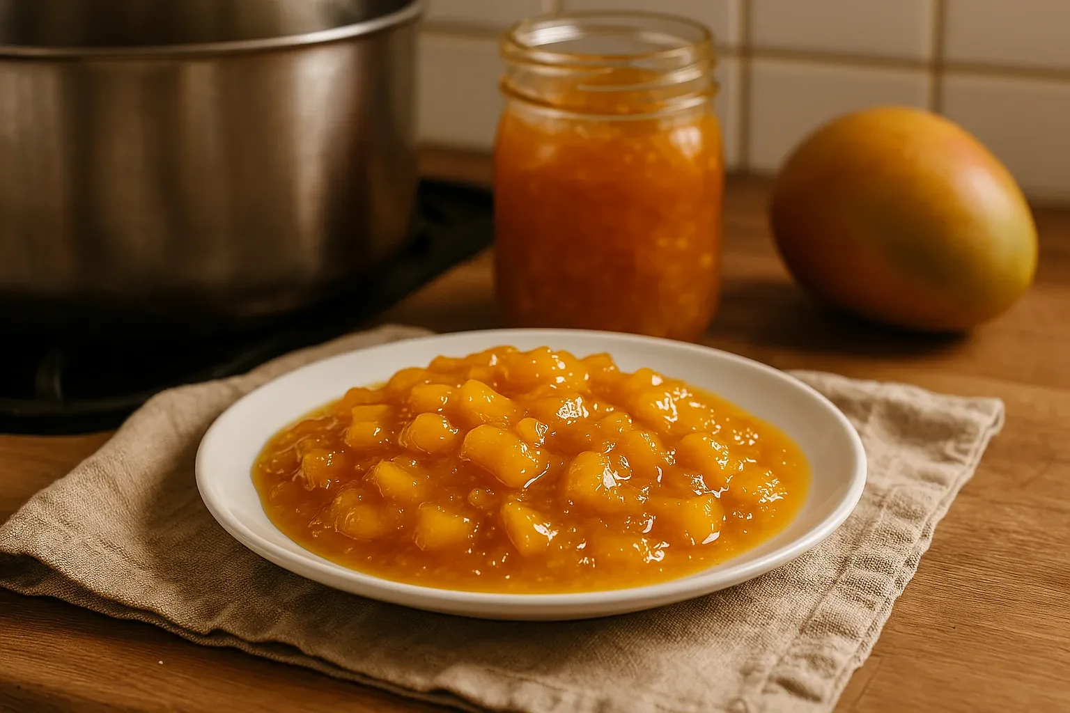 Homemade mango chutney in a white bowl with a jar and whole mango in the background on a wooden countertop.