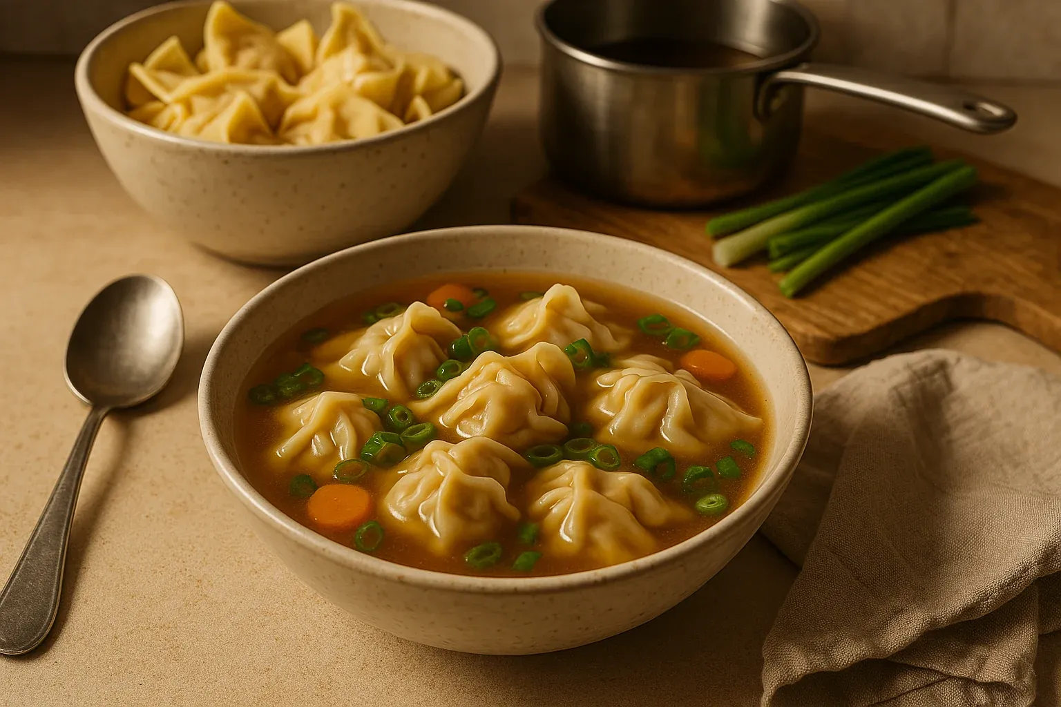 Bowl of dumpling soup with carrots and green onions, accompanied by a spoon, extra dumplings, and fresh green onions on a cutting board.